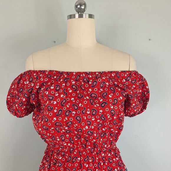 Vintage Dress Bandana Print Fit Flare Short Sleeve Patriotic July Navy Red M - Picture 3 of 11